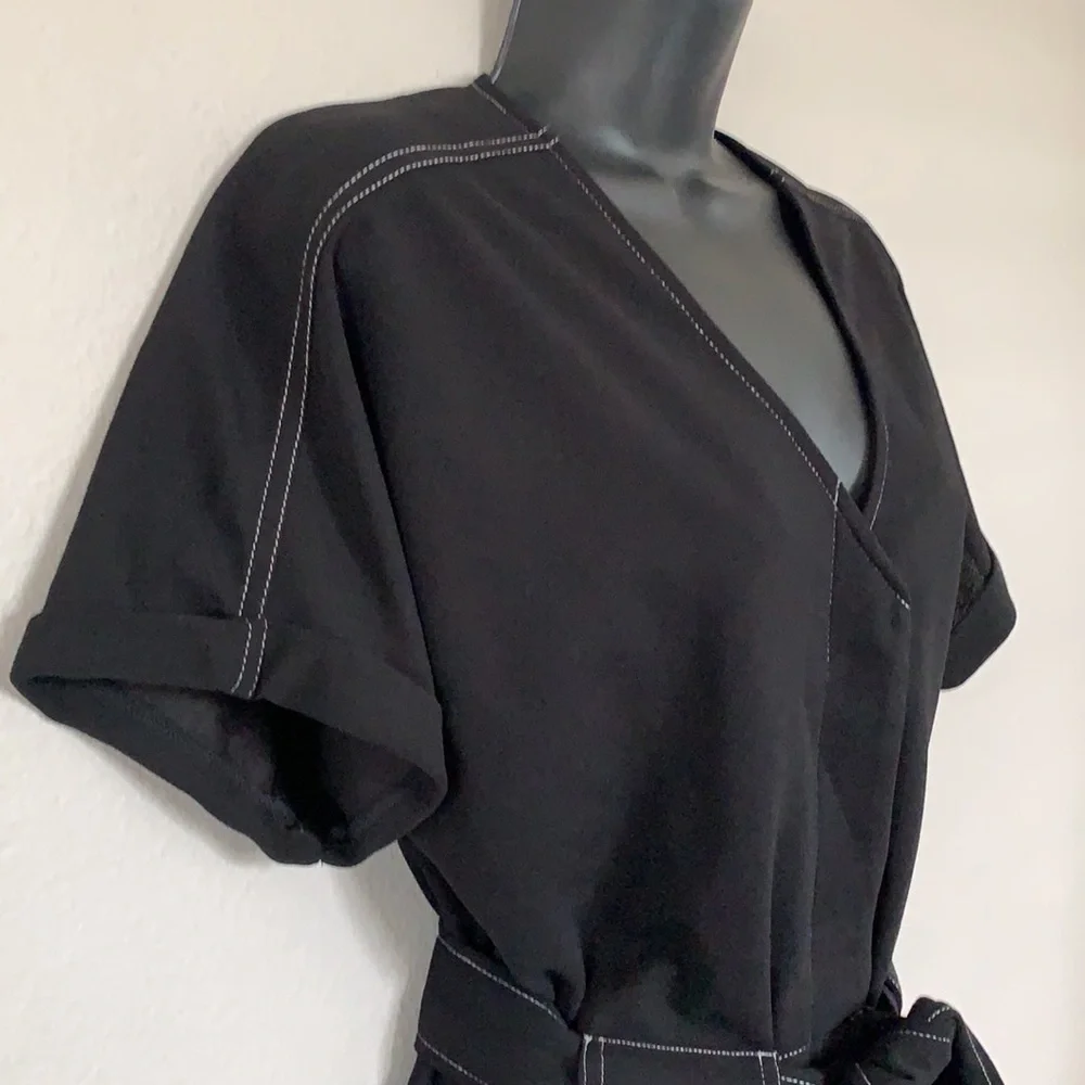 Lush Black Contrast Stitch Button Front Short Sleeve Tie Waist Jumpsuit - Picture 8 of 12